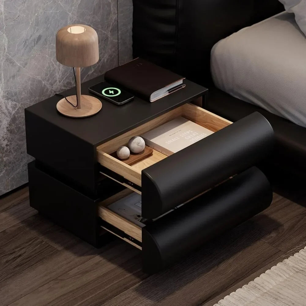 Smart Nightstand with Wireless Charger, Modern Black Leather Bedside Table with 2 Drawers for Bedrooms and Living Rooms