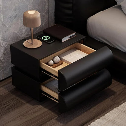 Smart Nightstand with Wireless Charger, Modern Black Leather Bedside Table with 2 Drawers for Bedrooms and Living Rooms