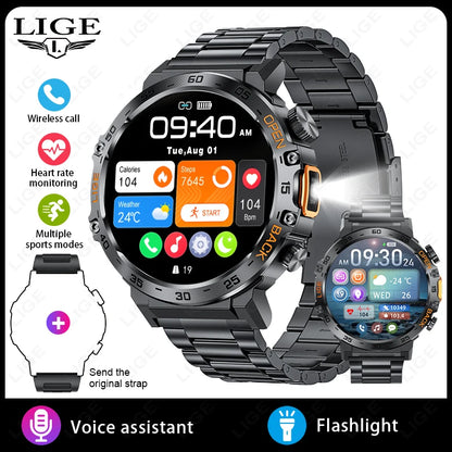 LIGE 2024 Smart Watch for Men – 360° AMOLED HD Screen, Waterproof Fitness Tracker with Flashlight