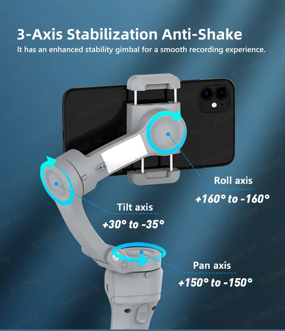 AXNEN Smart 3-Axis Handheld Gimbal Stabilizer for Smartphone with Fill Light for iPhone, Android, Face Tracking, TikTok Vlog Kit