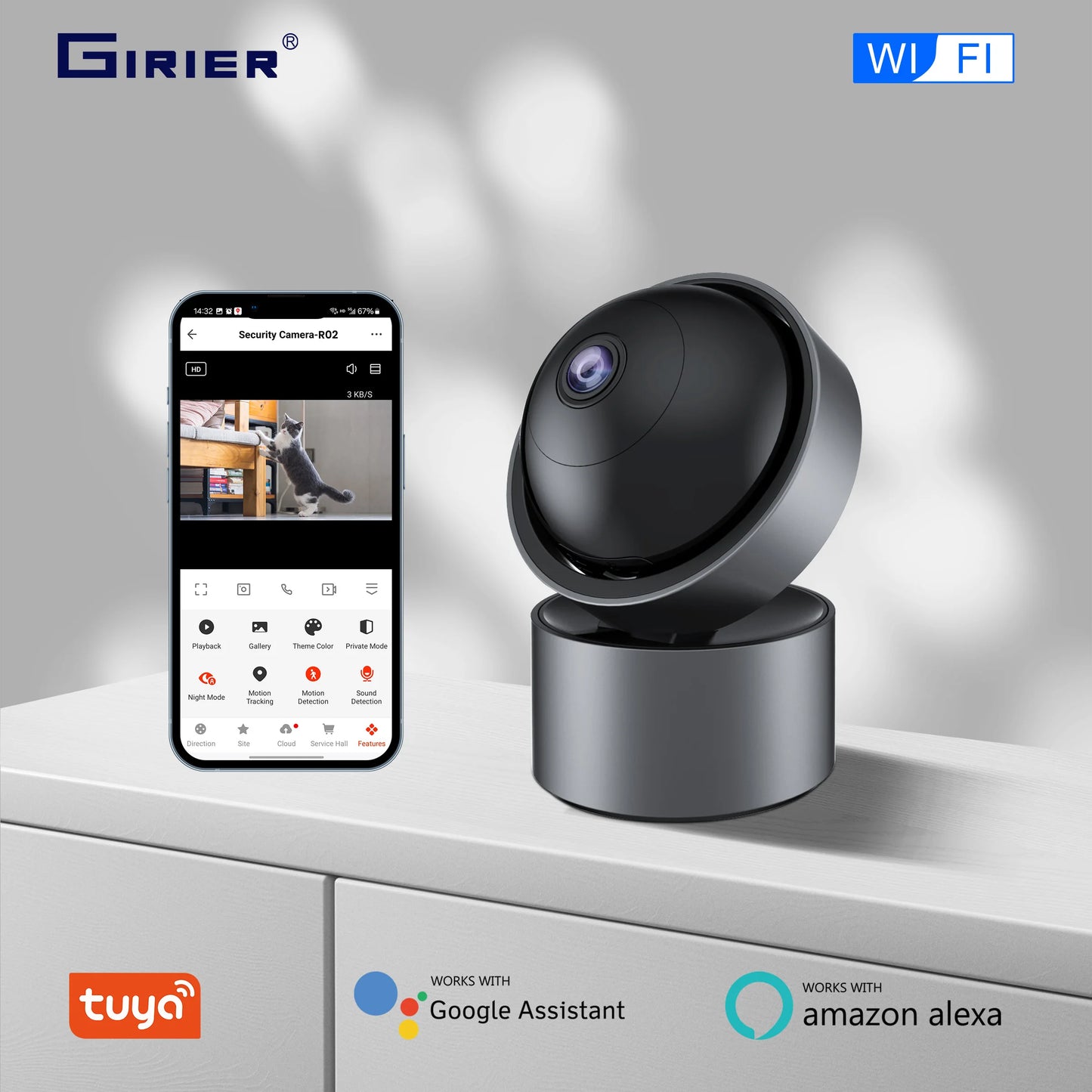 GIRIER Tuya WiFi Smart Security Camera – 3MP Indoor IP Camera with Pan Tilt, Motion Tracking, Two-way Talk, Works with Alexa