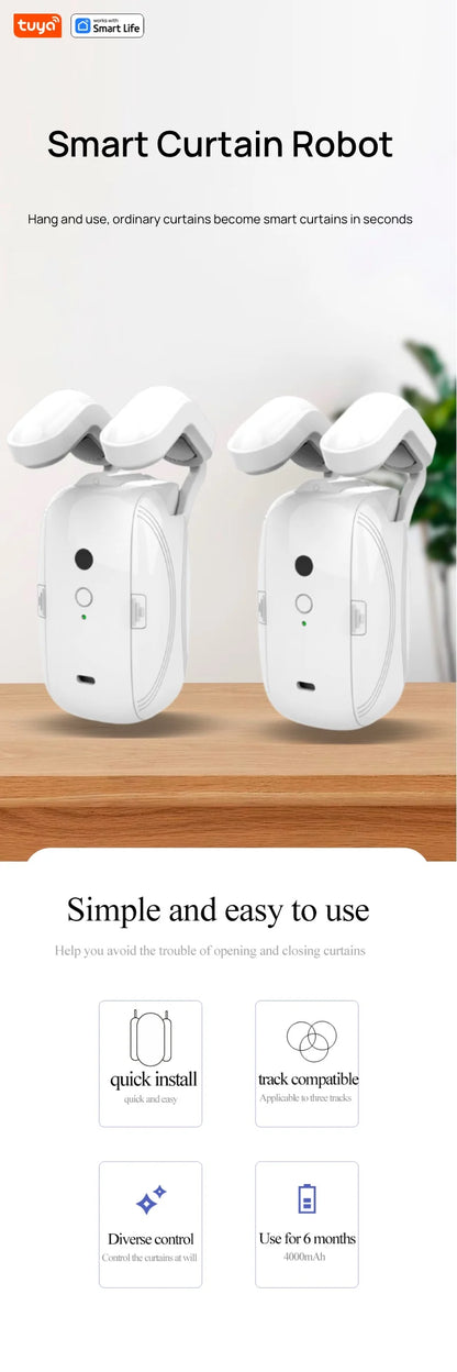 2PCS Bluetooth Tuya Smart Curtain Robot | Roman Rod Track | App Control (No Remote Control)