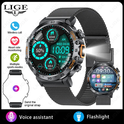 LIGE 2024 Smart Watch for Men – 360° AMOLED HD Screen, Waterproof Fitness Tracker with Flashlight