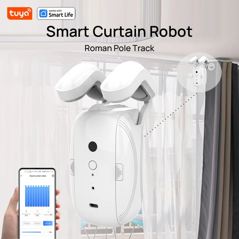 2PCS Bluetooth Tuya Smart Curtain Robot | Roman Rod Track | App Control (No Remote Control)