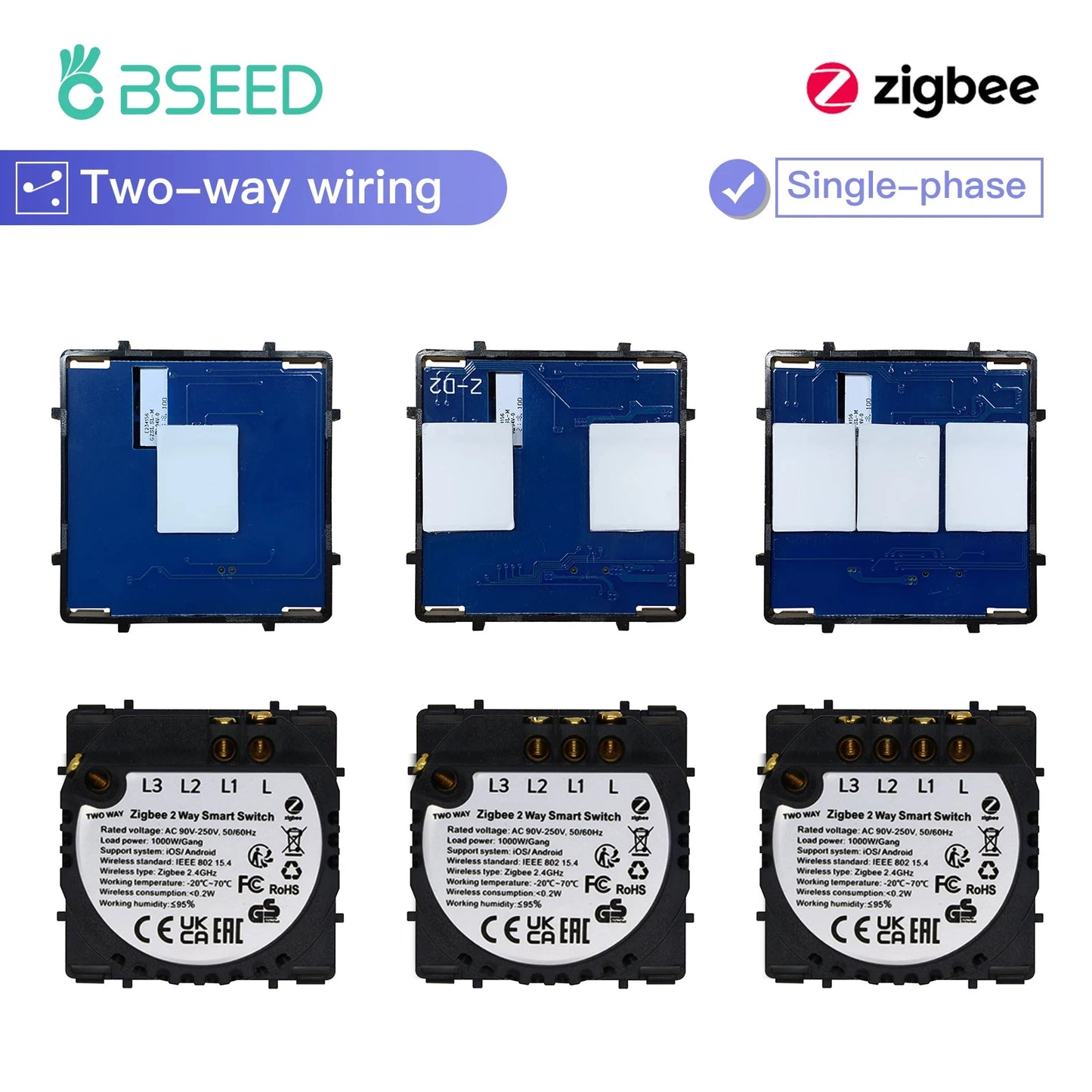 BSEED Zigbee Smart Switch 1/2/3-Gang Touch Light Switch, 2-Way Function, Smart Home Tuya Alexa Control, No Glass Panel