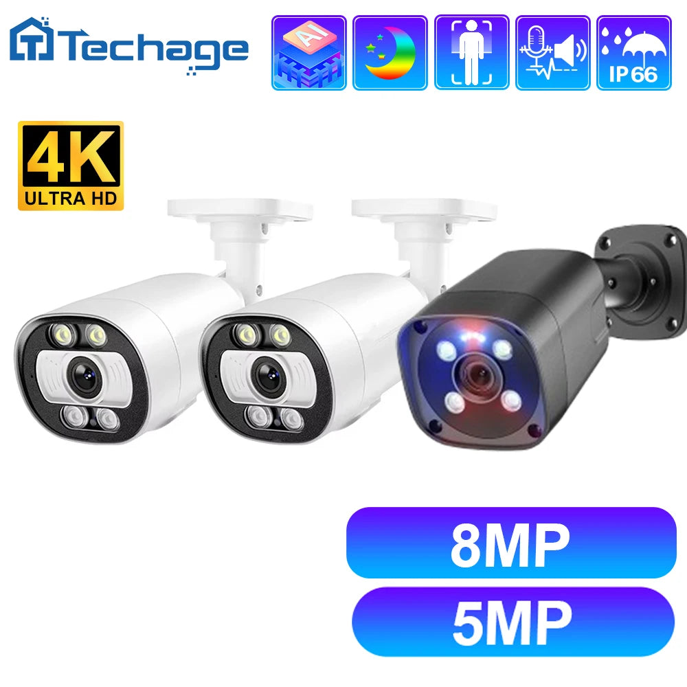 كاميرا Techage 8MP/5MP 4K POE IP – اكتشاف الإنسان بالذكاء الاصطناعي والصوت ثنائي الاتجاه