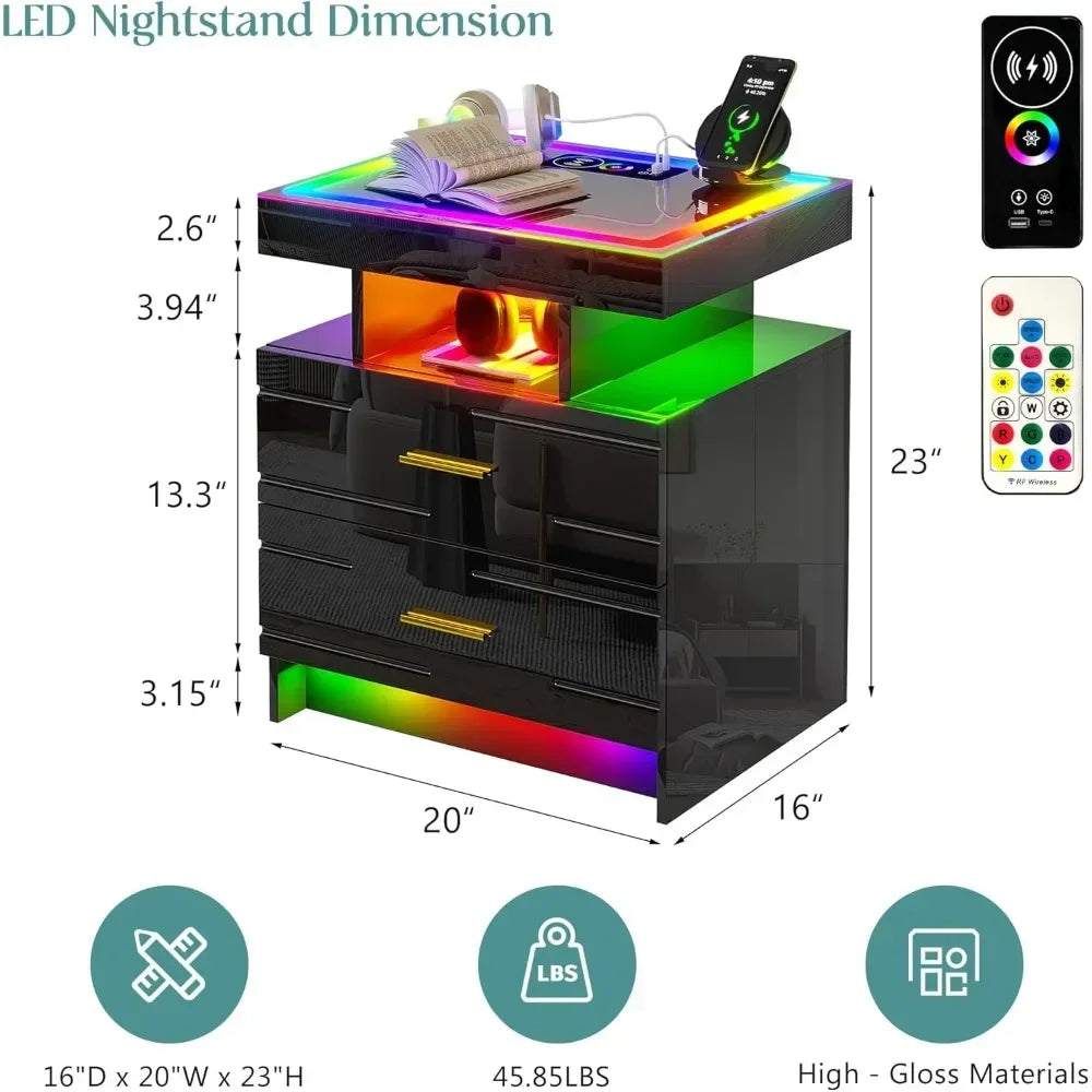 Nightstand with Wireless Charging Station, LED Lights Night Stand with 2 Drawers, Glossy Smart Bedside Table with Glass Top