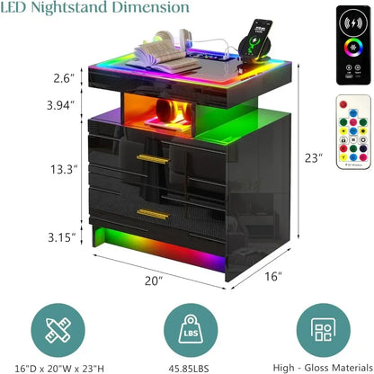 Nightstand with Wireless Charging Station, LED Lights Night Stand with 2 Drawers, Glossy Smart Bedside Table with Glass Top