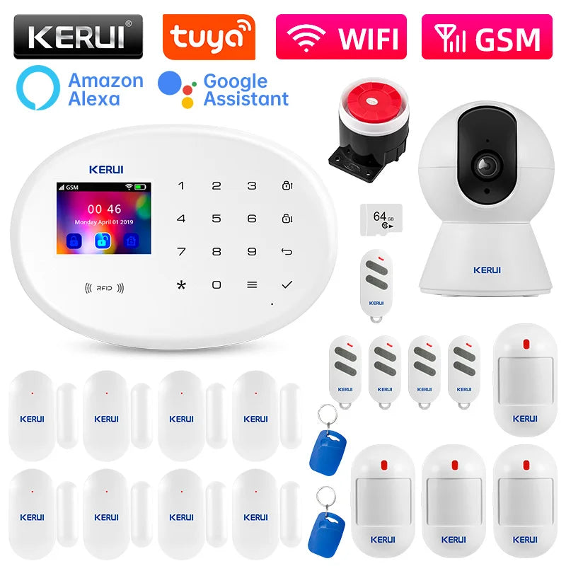 KERUI W202 Home Security Alarm Kit – WiFi GSM Alarm System, Tuya Smart Home, Door Sensor, Motion Detector, Protection, Remote Control