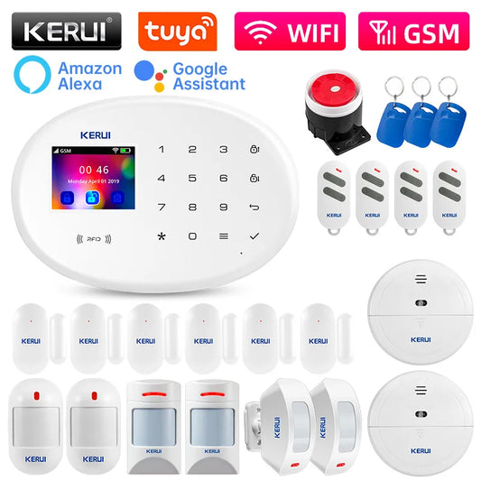 مجموعة إنذار أمان المنزل KERUI W202 – نظام إنذار WiFi GSM، Tuya Smart Home، مستشعر الباب، كاشف الحركة، الحماية، جهاز التحكم عن بعد