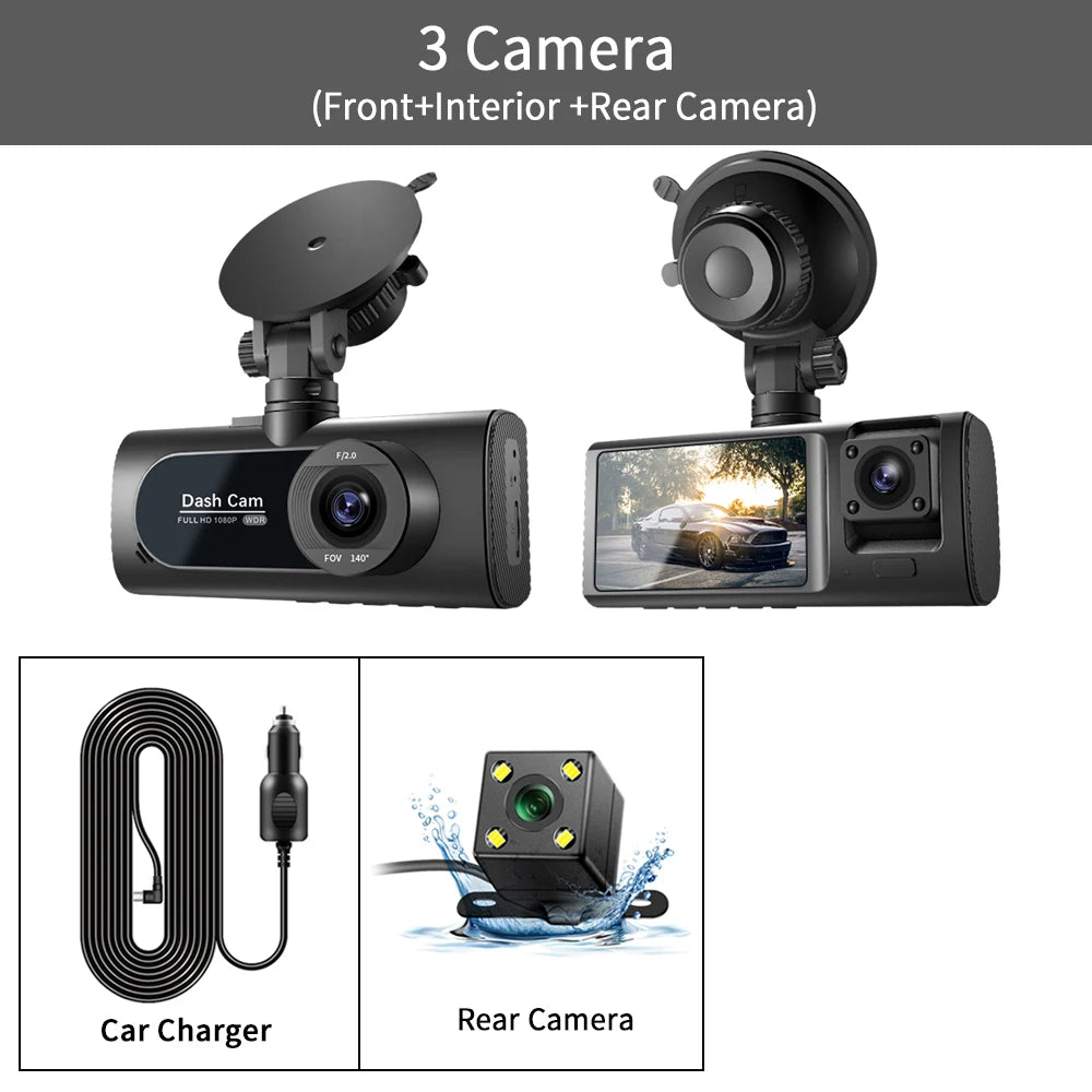 3-Channel Car DVR 1080P Dash Cam with 3-Lens, Night Vision & Parking Monitor