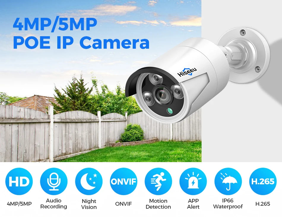 Hiseeu 4MP 5MP POE IP CCTV Camera ONVIF Audio H.265  Video Waterproof Outdoor Wired Surveillance Security Bullet Cameras