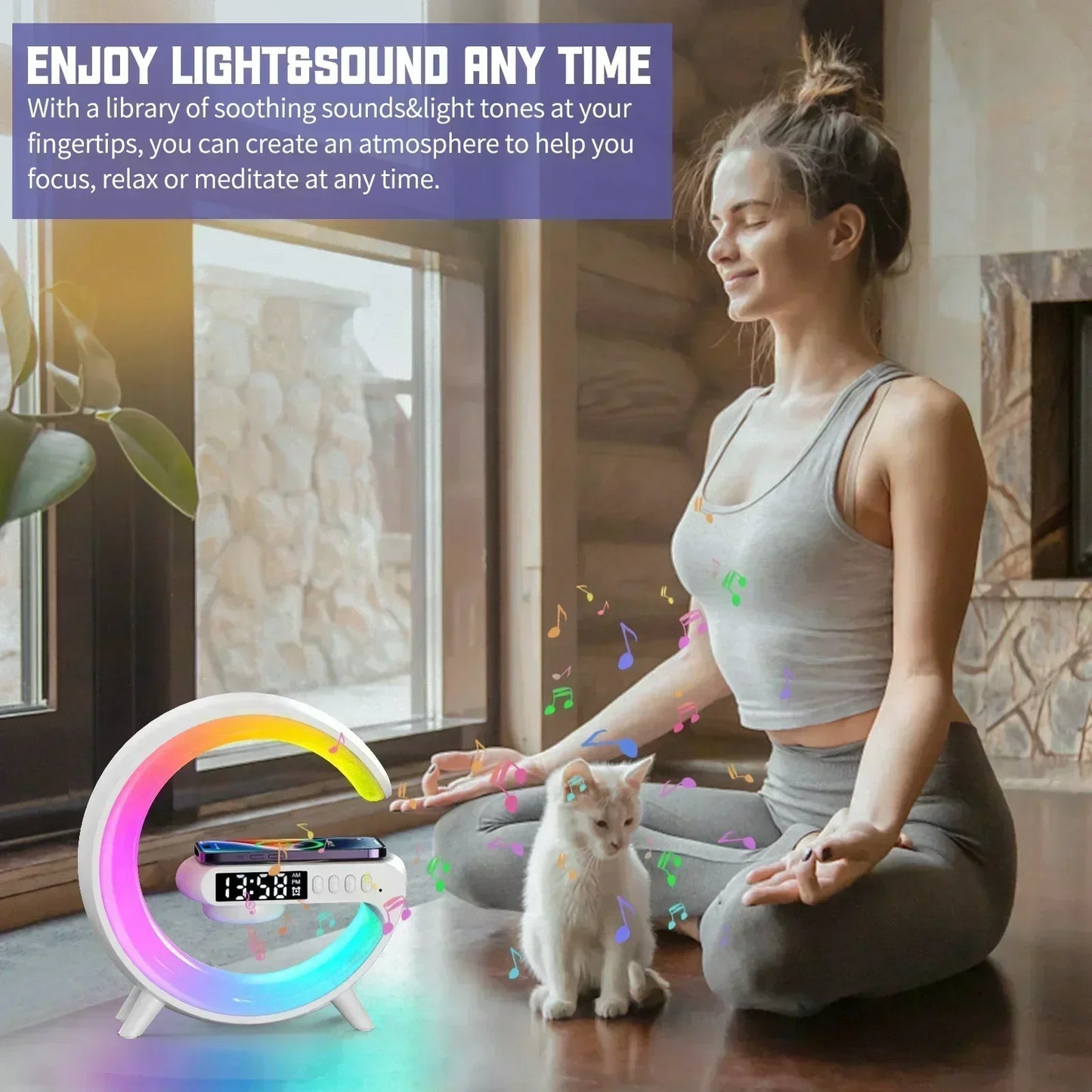 Wireless Charging Station with Bluetooth Speaker, LED RGB Night Light & Alarm Clock