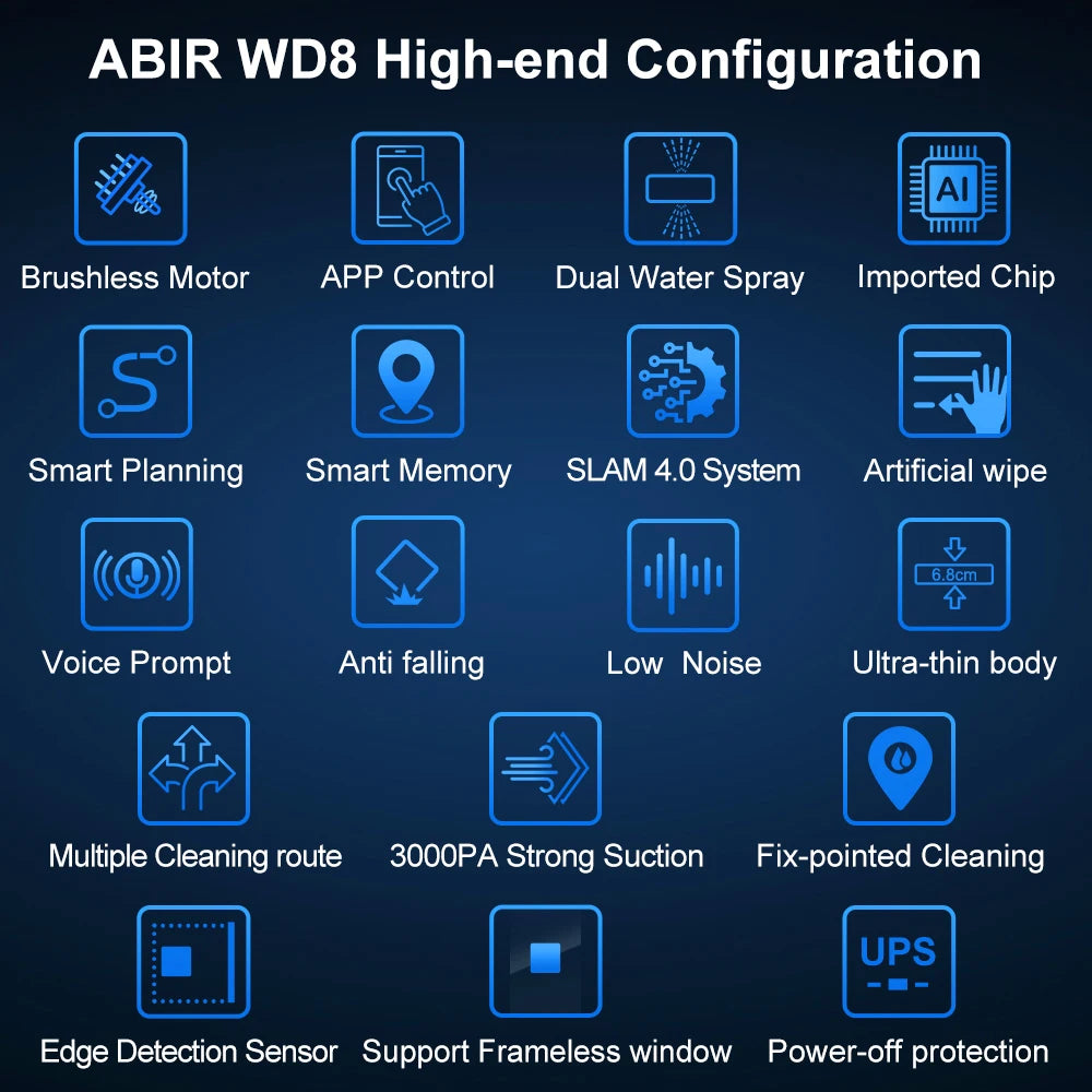 ABIR WD8 Robot Window Cleaner – Dual Water Spray, Smart Memory, High Vacuum Suction, Laser Sensor, Home Glass Cleaning Robot