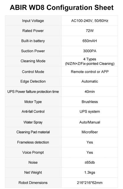 ABIR WD8 Robot Window Cleaner – Dual Water Spray, Smart Memory, High Vacuum Suction, Laser Sensor, Home Glass Cleaning Robot