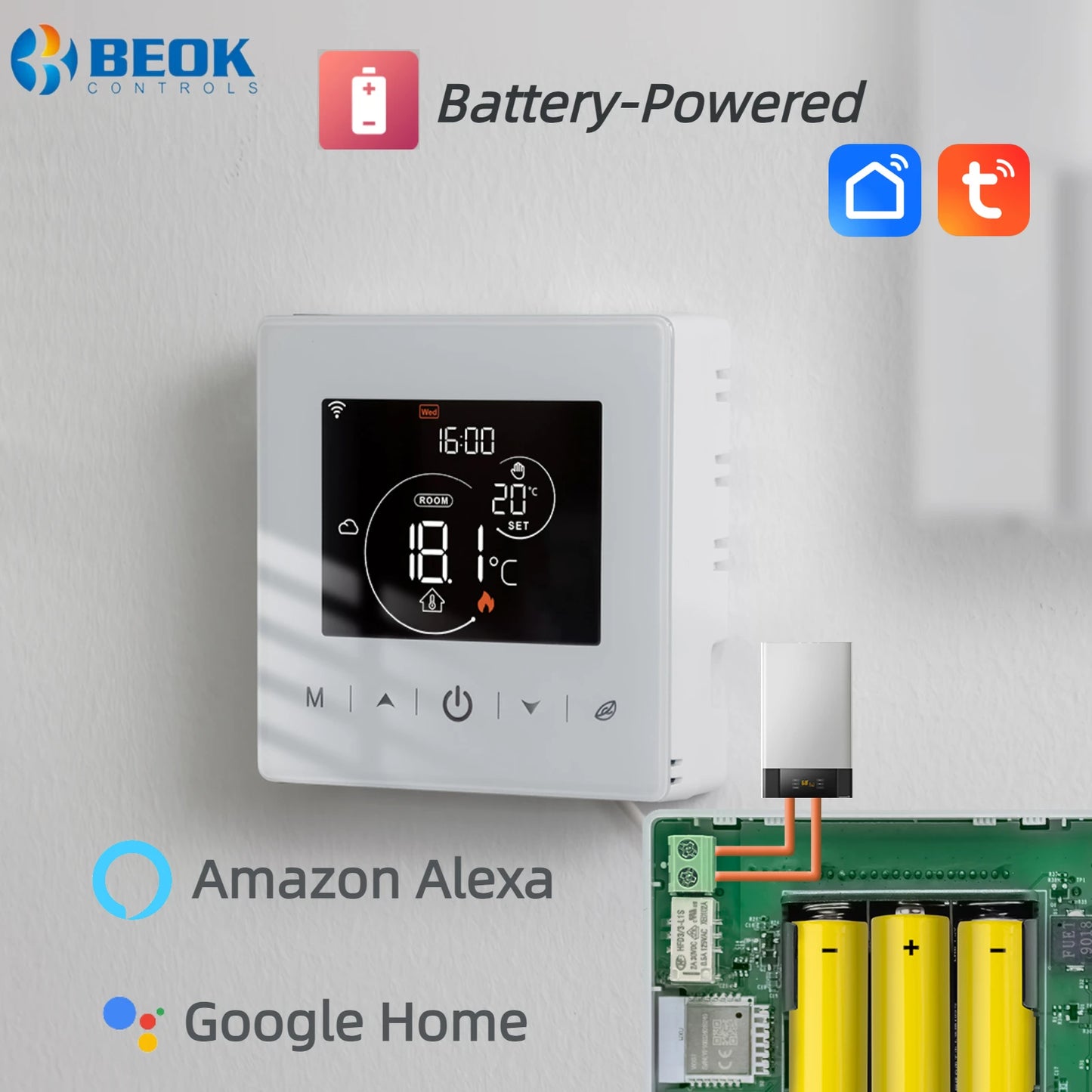 Beok Smart Home Tuya WIFI Thermostat – Battery-powered Thermoregulator for Gas Boiler, Works with Alexa & Google Home