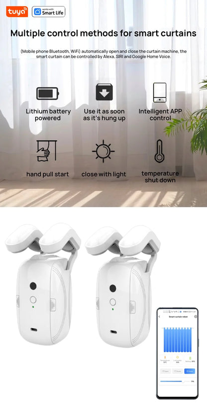 2PCS Bluetooth Tuya Smart Curtain Robot | Roman Rod Track | App Control (No Remote Control)