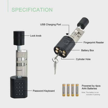 Tuya Fingerprint Cylinder Electronic Smart Door Lock with Digital Keypad, Code, and Key Card