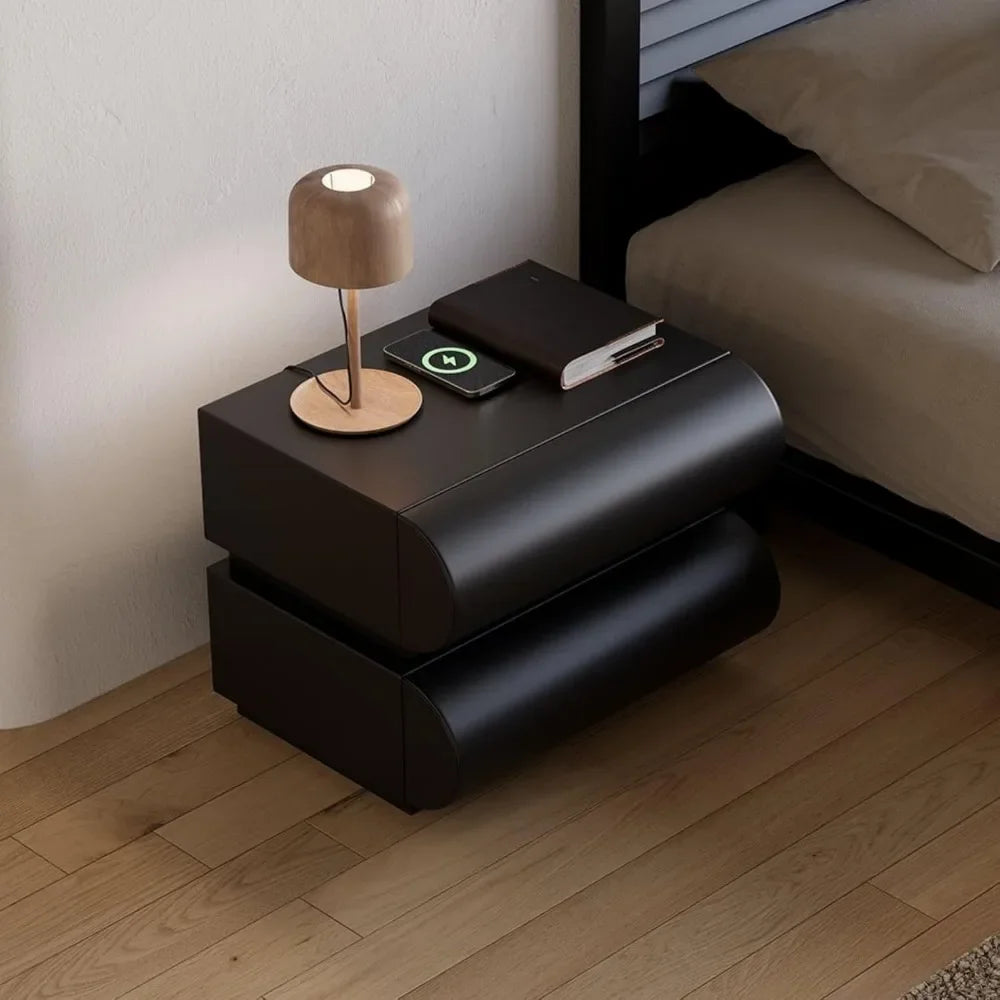 Smart Nightstand with Wireless Charger, Modern Black Leather Bedside Table with 2 Drawers for Bedrooms and Living Rooms