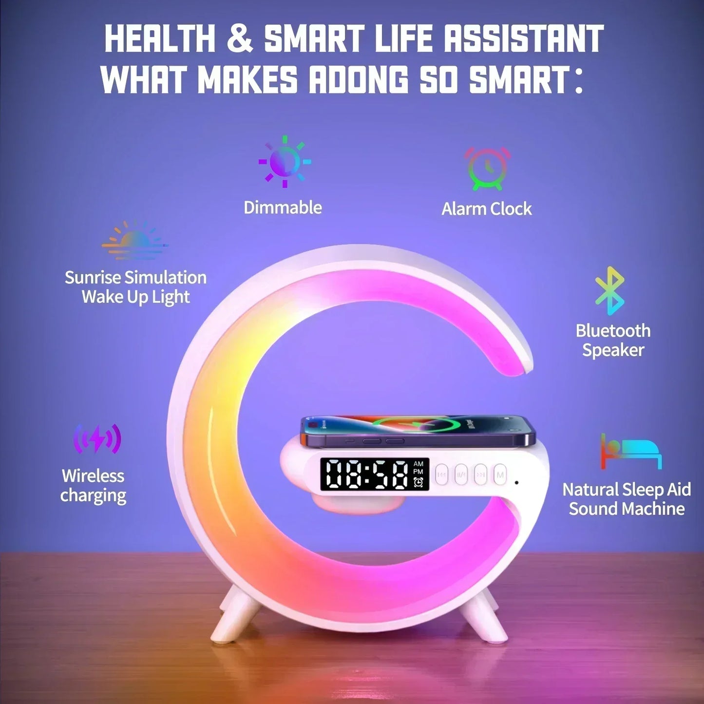 Wireless Charging Station with Bluetooth Speaker, LED RGB Night Light & Alarm Clock