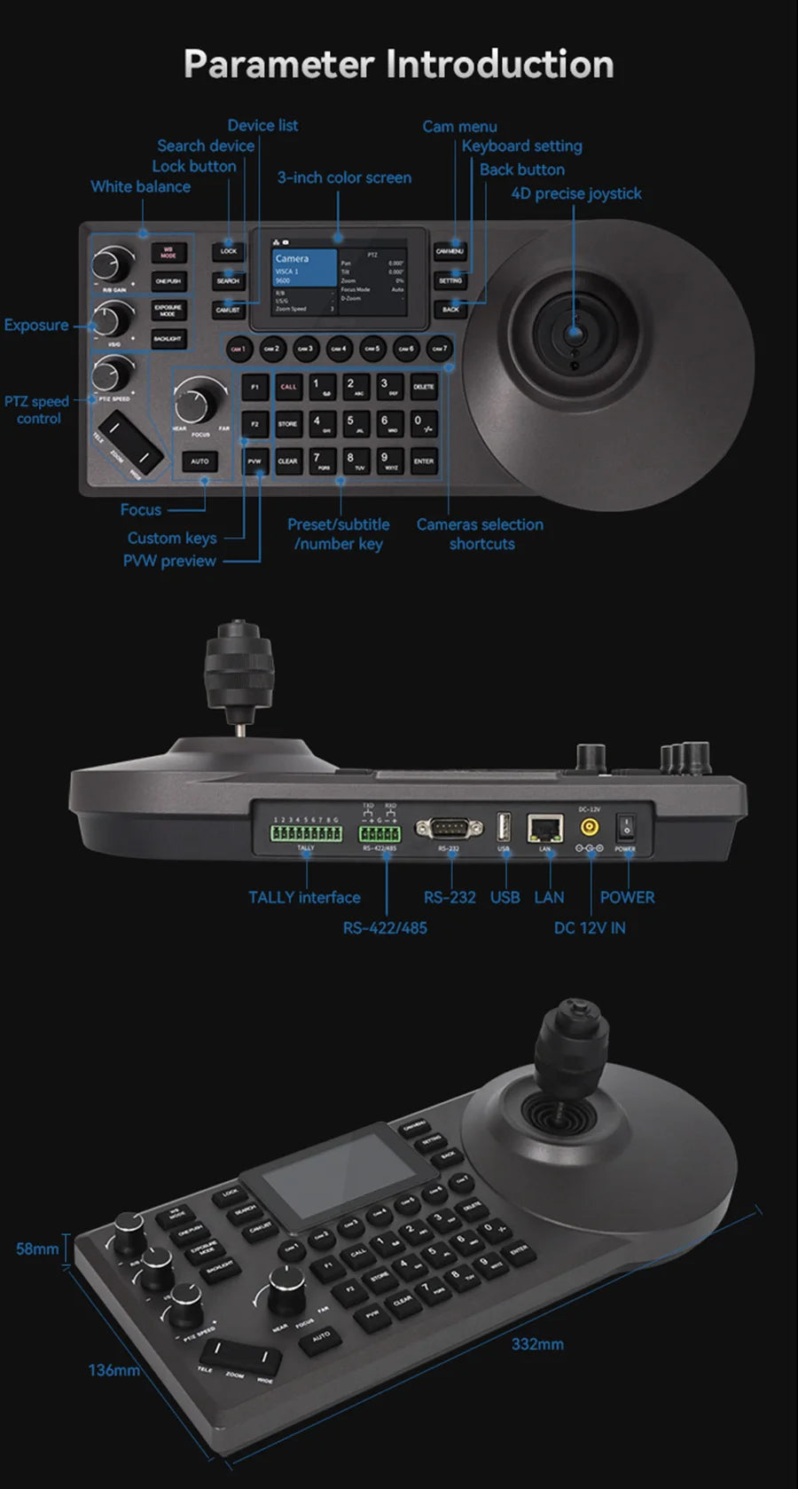 NDI PTZ Camera Joystick Controller POE 3" Preview LCD PTZ Controller Keyboard with 4D Joystick for Broadcast Church Live Streaming