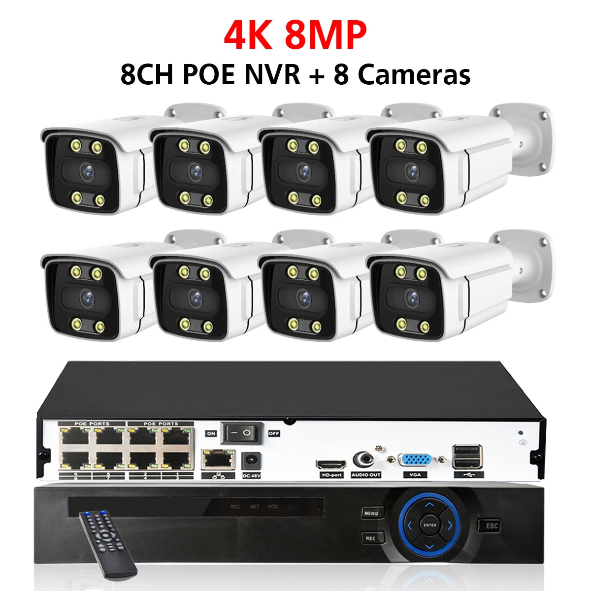 8CH POE NVR 4K Security Camera System 8MP Face Detect Color Night Vision IP Camera POE 2K Two Way Audio Video Surveillance Set