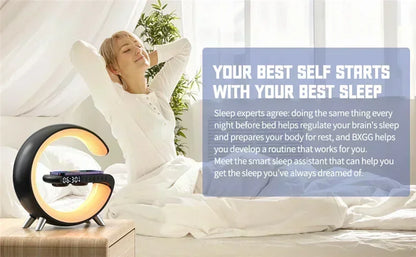 Wireless Charging Station with Bluetooth Speaker, LED RGB Night Light & Alarm Clock