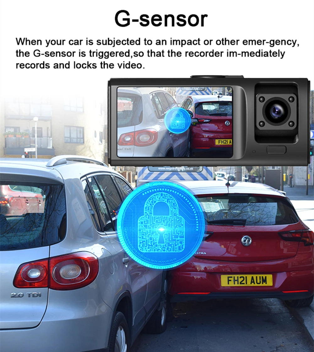 3-Channel Car DVR 1080P Dash Cam with 3-Lens, Night Vision & Parking Monitor