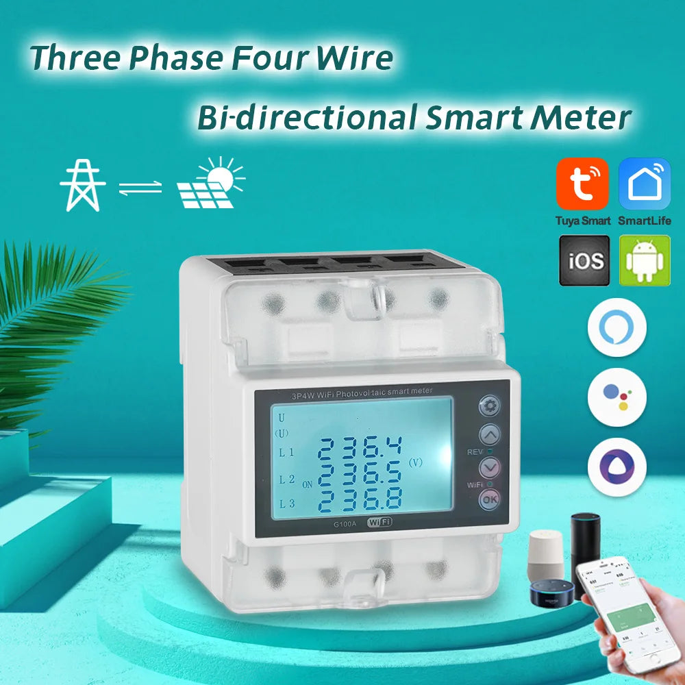 عداد الطاقة Tuya WiFi Smart 3-Phase 380V 100A ثنائي الاتجاه