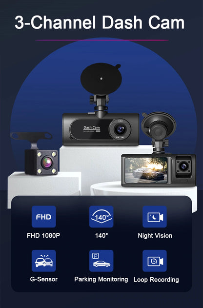 3-Channel Car DVR 1080P Dash Cam with 3-Lens, Night Vision & Parking Monitor