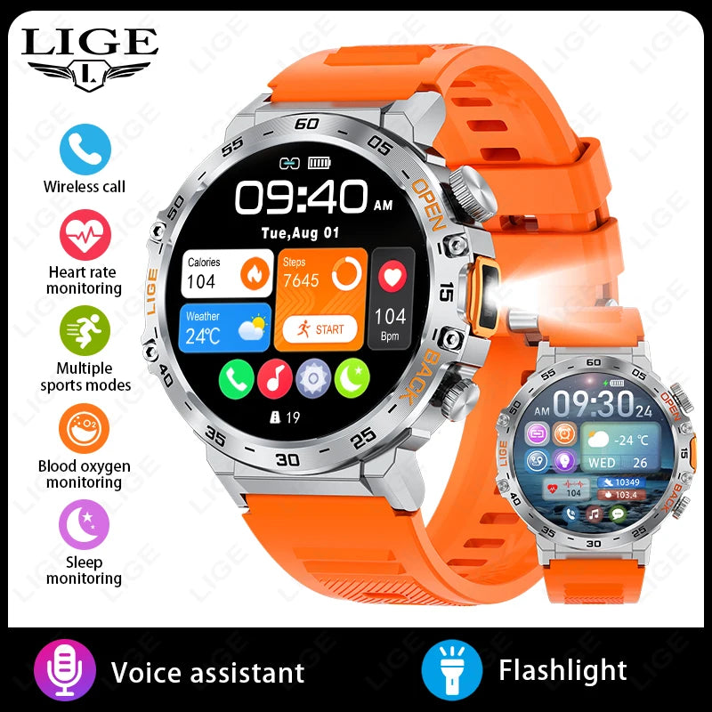 LIGE 2024 Smart Watch for Men – 360° AMOLED HD Screen, Waterproof Fitness Tracker with Flashlight