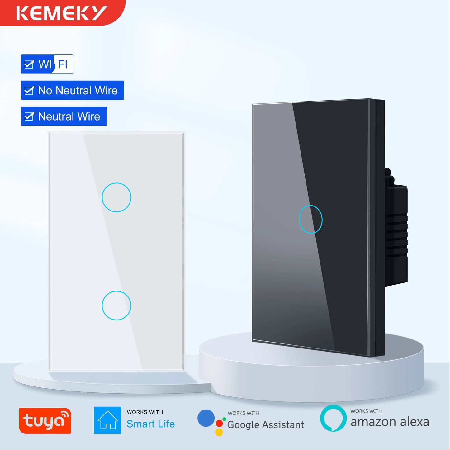 KEMEK Smart WiFi Touch Switch – No Neutral Wire Required, 1/2/3 Gang Light Switch, Compatible with Alexa & Google