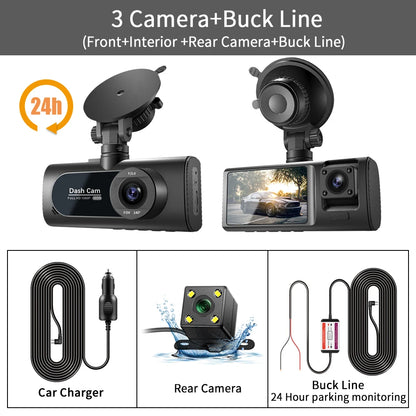 3-Channel Car DVR 1080P Dash Cam with 3-Lens, Night Vision & Parking Monitor