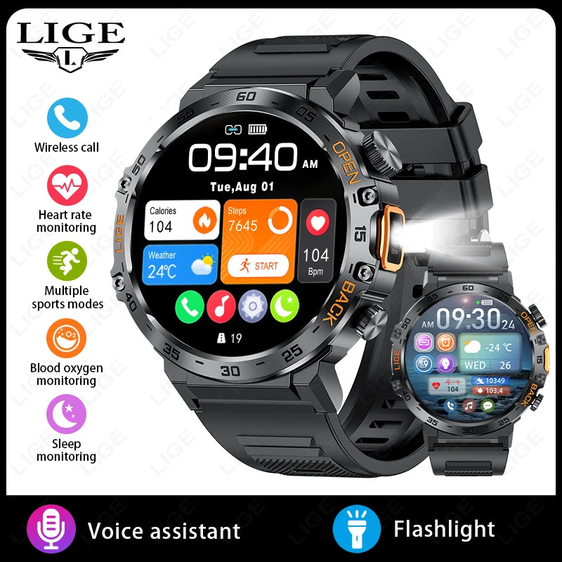 LIGE 2024 Smart Watch for Men – 360° AMOLED HD Screen, Waterproof Fitness Tracker with Flashlight