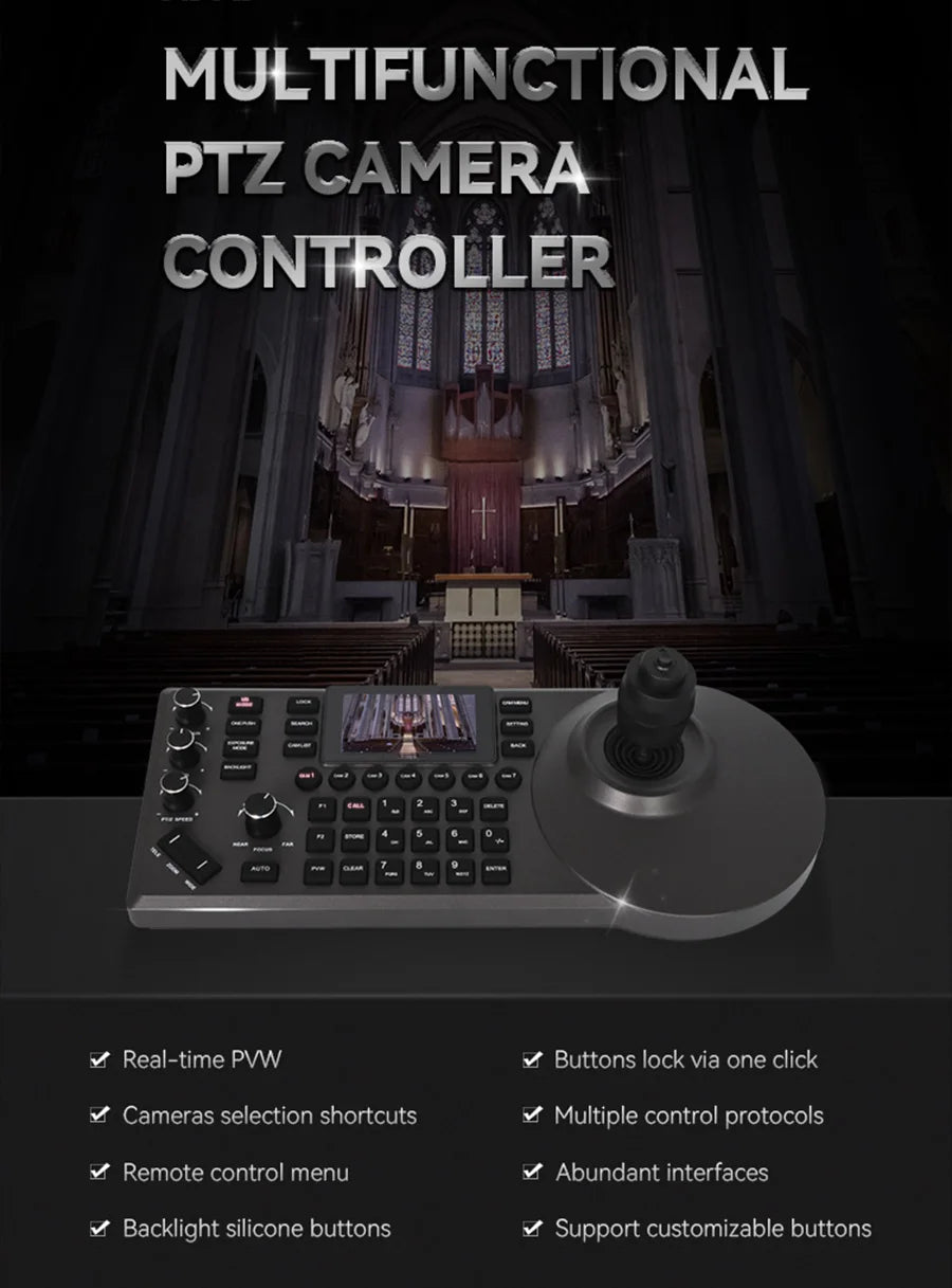 NDI PTZ Camera Joystick Controller POE 3" Preview LCD PTZ Controller Keyboard with 4D Joystick for Broadcast Church Live Streaming