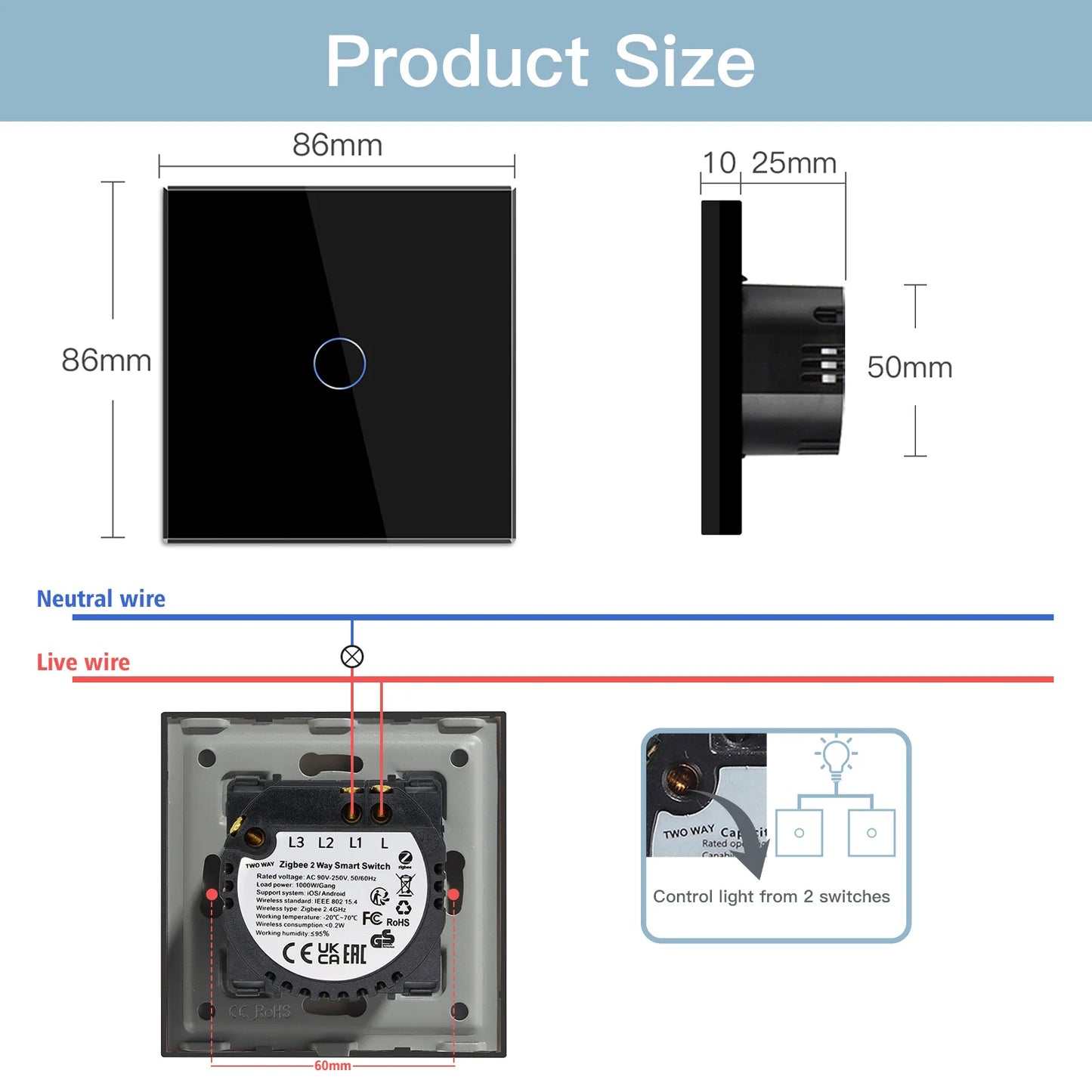 BSEED Zigbee Smart Switch 1/2/3-Gang Touch Light Switch, 2-Way Function, Smart Home Tuya Alexa Control, No Glass Panel