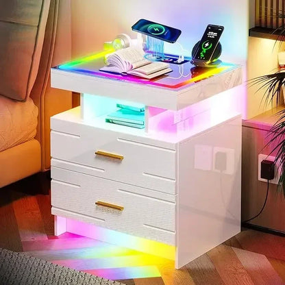 Nightstand with Wireless Charging Station, LED Lights Night Stand with 2 Drawers, Glossy Smart Bedside Table with Glass Top