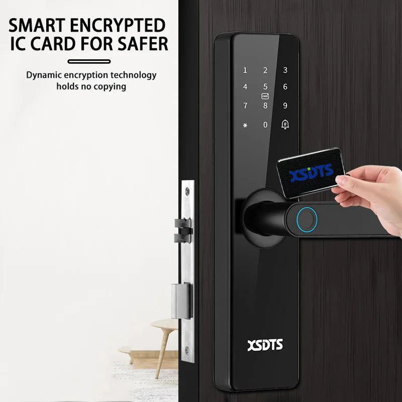 Tuya WiFi Electronic Smart Door Lock – Biometric Fingerprint, Smart Card, Password, Key Unlock & USB Emergency Charge