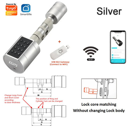 Tuya Fingerprint Cylinder Electronic Smart Door Lock with Digital Keypad, Code, and Key Card