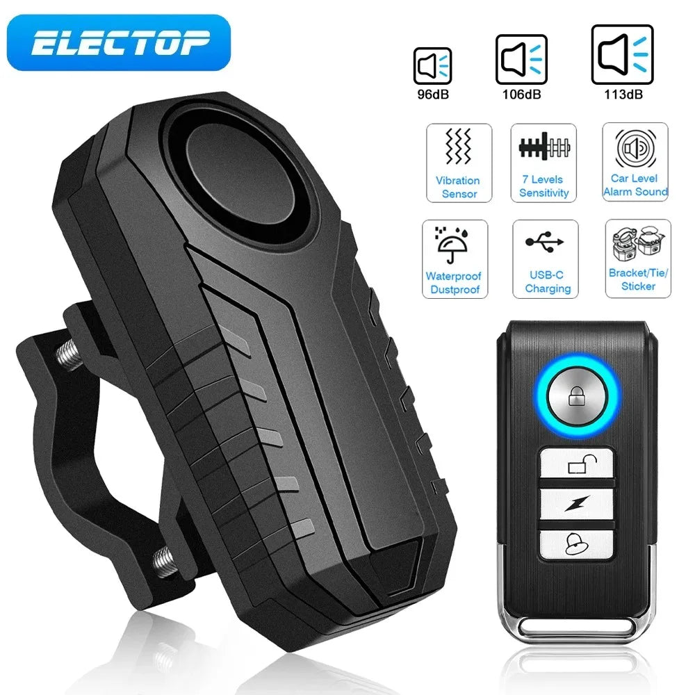 ELECTOP Bicycle Alarm – 113dB Anti-Theft Wireless Vibration with Remote Control