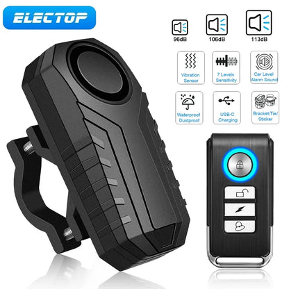 ELECTOP Bicycle Alarm – 113dB Anti-Theft Wireless Vibration with Remote Control