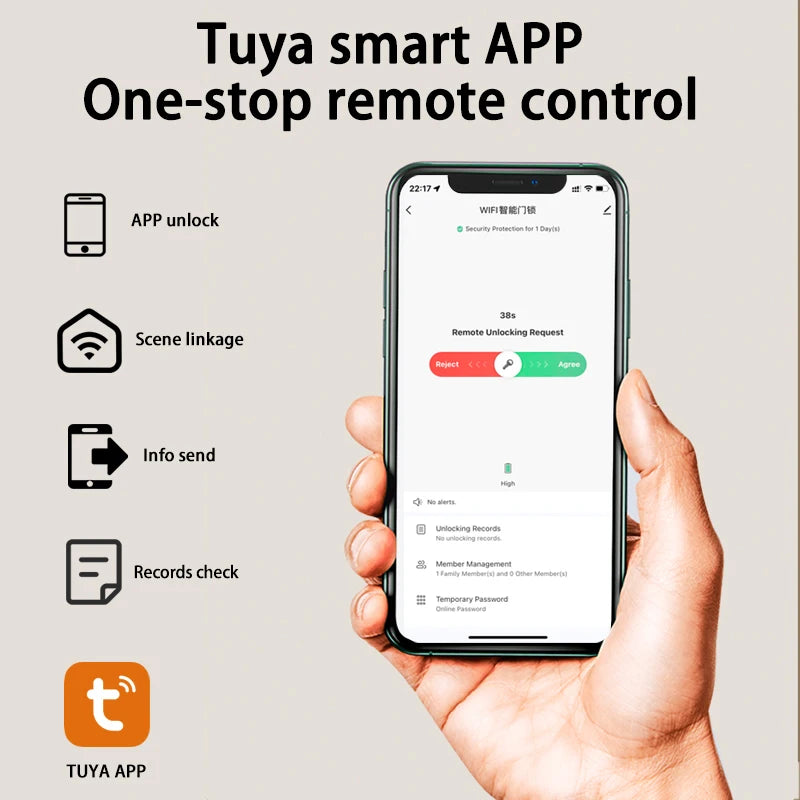 Tuya WiFi Electronic Smart Door Lock – Biometric Fingerprint, Smart Card, Password, Key Unlock & USB Emergency Charge