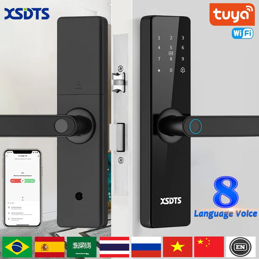 Tuya WiFi Electronic Smart Door Lock – Biometric Fingerprint, Smart Card, Password, Key Unlock & USB Emergency Charge