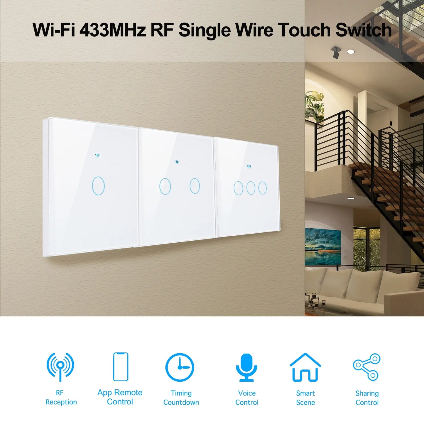 WiFi Smart Switch EU Light Wall Touch Switch 220V No Neutral Wire Required, Works with Alexa & Google Home