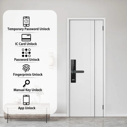 Tuya WiFi Electronic Smart Door Lock – Biometric Fingerprint, Smart Card, Password, Key Unlock & USB Emergency Charge