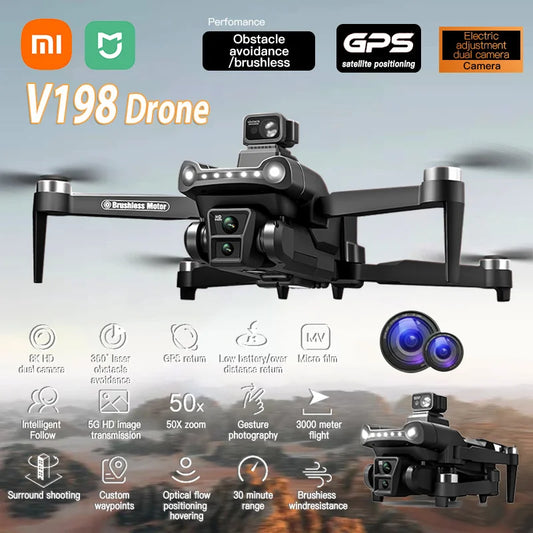 V198 GPS Drone For Xiaomi with 8K Professional HD Camera, 5G WiFi, Obstacle Avoidance, Optical Flow, Brushless, Foldable Quadcopter