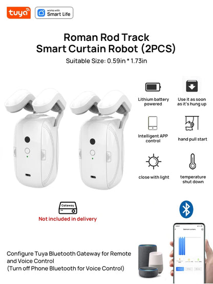 2PCS Bluetooth Tuya Smart Curtain Robot | Roman Rod Track | App Control (No Remote Control)