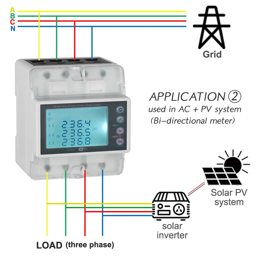 عداد الطاقة Tuya WiFi Smart 3-Phase 380V 100A ثنائي الاتجاه