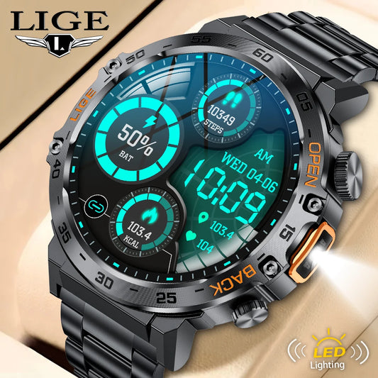 LIGE 2024 Smart Watch for Men – 360° AMOLED HD Screen, Waterproof Fitness Tracker with Flashlight