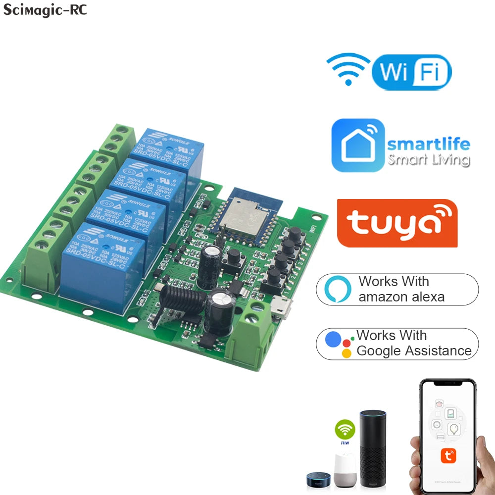 Tuya WiFi AC DC 7-32V 85-250V 12V 24V 220V 1/2/4 Channel Receiver – 10A 16A Relay for Wireless Control